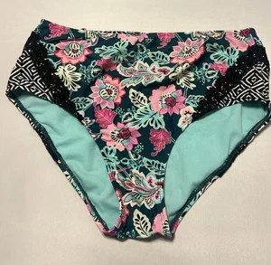 Time and Tru Women's Floral High-Waist Swimsuit Bottom Lace Side Strappy Back M - Picture 1 of 3