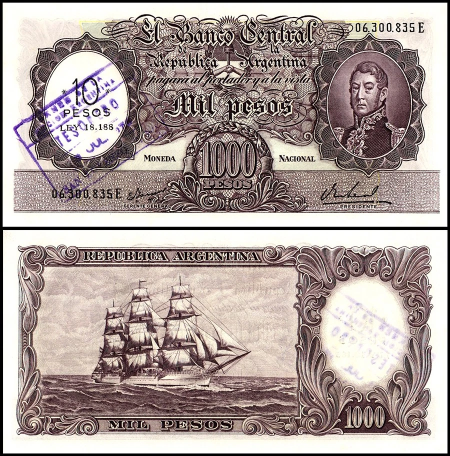 Argentina 10 Pesos on 1000 Pesos, P-284, UNC Overprint, w/ Demonetization Stamp - Image 1 of 1