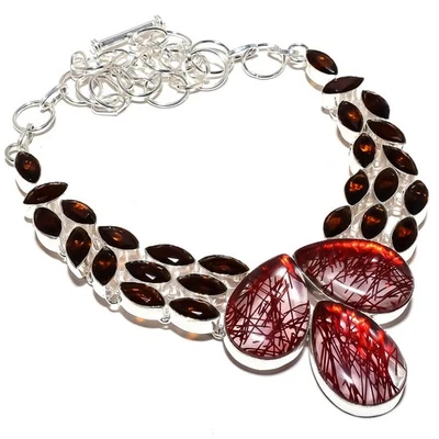 Colore Rosso Rutilo Quarzo, Granato Gemma 925 Sterling Argento Gioielli Collana - Immagine 1 di 4