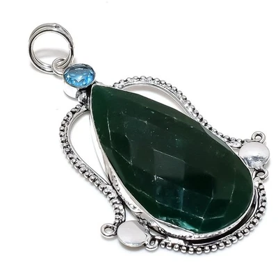 Emerald(Simulated)  Blue Topaz 925 Sterling Silver Jewelry Pendant 3.35" B631 - Image 1 of 4