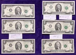 6 PC MIXED LOT $2 BILLS  2003A X3 E SERIES 2013 X2 L SERIES 1 MISALIGNED 1995 F - Picture 1 of 6