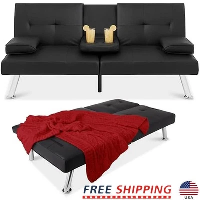 Convertible Futon Sofa Bed Adjustable Folding Couch w/Cupholders Small Spaces US - Image 1 of 4