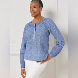 Camicetta Popover cotone collo fascia medaglione vetro colorato rosa e blu Talbots - Foto 1 di 9