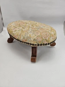 Antique Victorian Floral Needlepoint Footstool With Wooden Base Brass Tacks - Picture 1 of 12