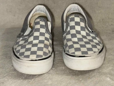 VANS Checkered Slip On Skater Shoes Youth Size 10.5 - Gray & White Classic Used - Image 1 of 4