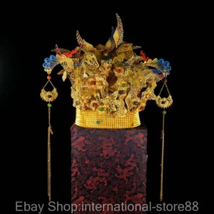 17.2" Rare Old China Filigree Gold Bead Dynasty Palace Butterfly Flower Hat Cap - Picture 1 of 9