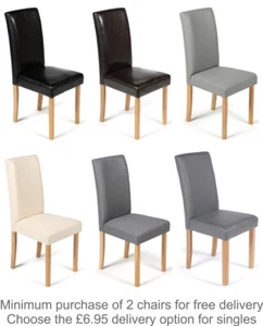 Dining Chairs Faux Leather Black Brown Cream Grey or Fabric Wood Legs Kitchen - Picture 1 of 25