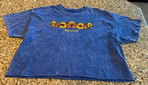 Stunner California XL Blue Acid Wash Monarch Butterfly Sunflower T Shirt Crop - Picture 1 of 6