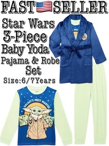 Star Wars Baby Yoda 3-Piece Pajama & Robe Set Flame Resistant Sleepwear Size 6/7 - Picture 1 of 8