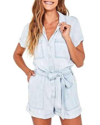 Bella Dahl Size XL Desert Sky Wash Chambray Tencel Rolled Hem Utility Romper NWT - Image 1 of 4