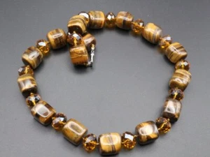 GOLDJUNGE69 GJH * TOLLE DAMEN EDELSTEIN HALSKETTE  TIGERAUGE BRAUN RECHTECK - Bild 1 von 4