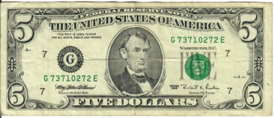 1995 5$ FRN - Small portrait w/ security thread - MEW/RER G73710272E - #15328 - Image 1 of 2