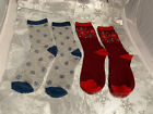 ❤️Chaussettes 2 pièces tricotées coton doux poinsettias rouges et motif flocon de neige bleu NEUF