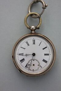 Silberne Taschenuhr mit Schlüsselaufzug und Kette , 19.Jahrhundert