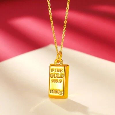 Colgante oblongo de la suerte de oro amarillo puro 999 de 24 quilates con collar de eslabones O finos de 18 quilates de 18 pulgadas Foto 1 de 4