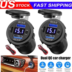 2x 12V-24V PD+QC3.0 Double USB Voiture Chargeur Rapide Prise Alimentation LED Voltmètre - Photo 1 sur 16