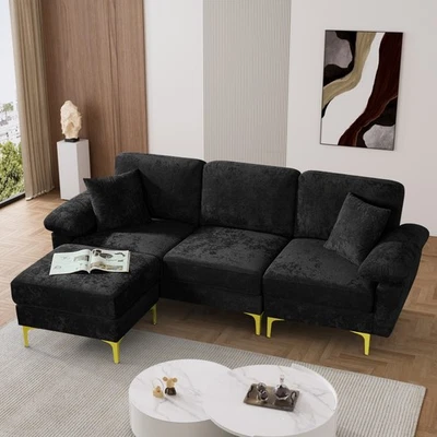 Sofá seccional de terciopelo en forma de L 91" sofá tapizado cómodo sofá sofá con otomana Foto 1 de 4