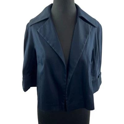 BOTONDI MILANO Navy Blue Cotton Blend 3/4 Sleeve Open Front Notched Lapel Top 44 - Image 1 of 4
