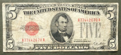 1928 $5 SELO VERMELHO LICITAÇÃO LEGAL NOTA ESTADOS UNIDOS ~ Fr.1525 [] Ser# A 7744 2670 A - Imagem 1 de 3