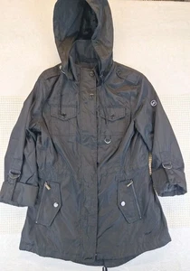 Michael Kors Black Utility Rain Jacket Women Small Full Zip Front Hood 4 Pocket - Picture 1 of 12