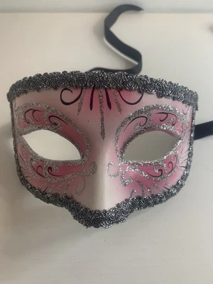 Pink and Silver Masquerade Mask with Glitter and Sequins - Image 1 of 4