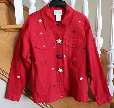 Quacker Factory PATRIOTIC USA Rally Red DENIM JACKET Blue & White Stars Ladies M - Image 1 of 4