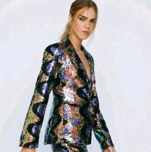 Chaqueta Blazer Nasty Gal Wave Lentejuelas Talla 8 Nueva con Etiquetas Negra Multi Festival Disco Fiesta - Imagen 1 de 7