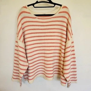 Promesa Oversized Striped Sweater Women’s Large Peachy Red White Cozy Knit - Picture 1 of 10