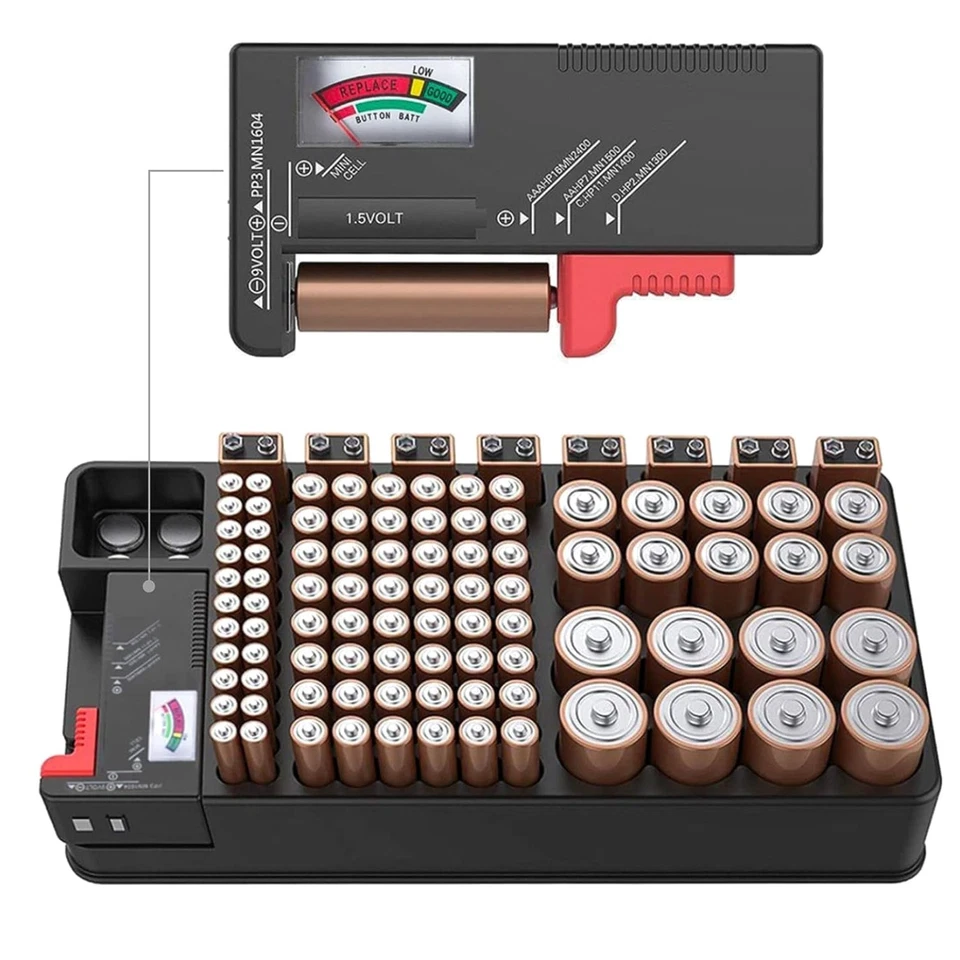 Batterie Organizer mit Tester Kunststoff Großkapazität für AAA AA 9V C D - Bild 1 von 4