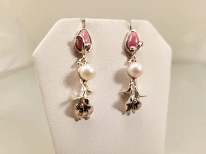 CAROLYN POLLACK  BEAUTIFUL PINK RHODONITE STERLING SILVER LILY EARRINGS - Picture 1 of 4