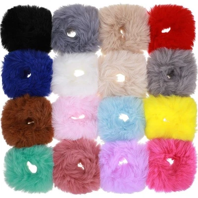 16 Pieces Colorful Furry Scrunchies Faux Fur Hair Band Rope Ponytail Holder - Image 1 of 4