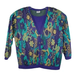 Vintage Aileen Too Top Purple Print Size 1X Long-Sleeve Knit Layer Look Blouse - Picture 1 of 8