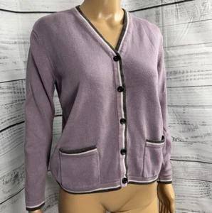 VTG Liz Claiborne Purple Cotton Cardigan Sweater Button Front Sz S Stripe Trim - Picture 1 of 12