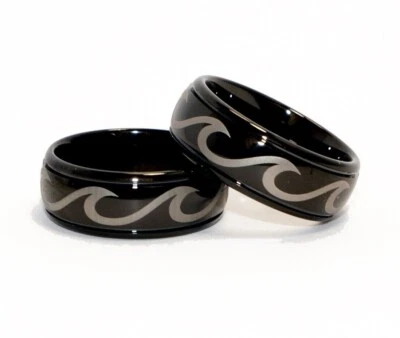 6/8mm Men's Black Tungsten Ocean Wave Wedding Band Ring Comfort Fit Size 5 - 14 - Image 1 of 2