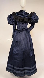 VICTORIAN 19TH C SAPPHIRE BLUE SILK SATIN BUSTLE DRESS W HUGE PUFF SLEEVES - Picture 1 of 10