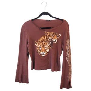 Vintage Y2K Vanity Brown Glitter Leopard Bell Sleeve Top Size L - Picture 1 of 8