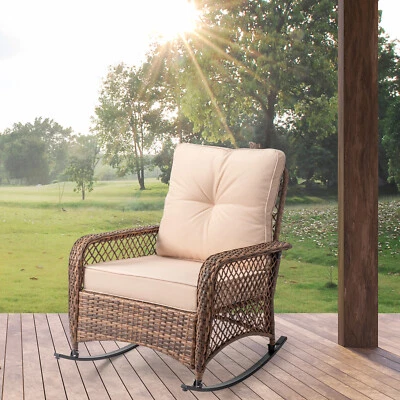 New Rattan Rocking Chair Outdoor Patio Lounge Chair Garden Furniture w/Cushion - Image 1 of 4
