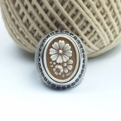 ANELLO  IN ARGENTO 925 RODIATO  CON CAMMEO CAMEO CONCHIGLIA DONNA ONICE ORO - Immagine 1 di 4