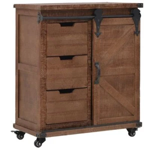 Wooden Storage Cabinet With Wheels 3-Drawer Sliding Door Rustic Style Sideboard - Picture 1 of 11