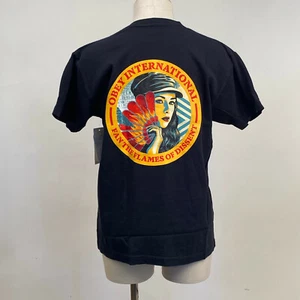 Obey Women's Box T-Shirt Fan the Flames Off Black Size S NWT Shepard Fairey - Picture 1 of 2