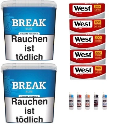 2 x Break Blue / Blau Volumentabak Giga Box 195g + 1000 Hülsen + 5 Feuerzeuge - Bild 1 von 3