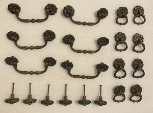 20 Vtg Ornate Brass 6 Handle Drawer Pulls 6 Knobs 8 Ring Pulls Hardware Salvage - Picture 1 of 22