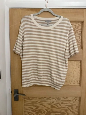 H&M tan white stripe short sleeve fine knit jumper, XL, fit 16-18 - Image 1 of 4