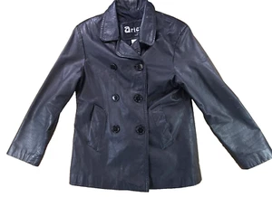 ARIES Black 100% Leather Jacket Pea Coat Double Breasted Womens Size MEDIUM - Picture 1 of 6