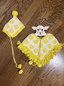 Vintage Infant Toddler White Yellow Granny Square Poncho Pixie Hat - Picture 1 of 12