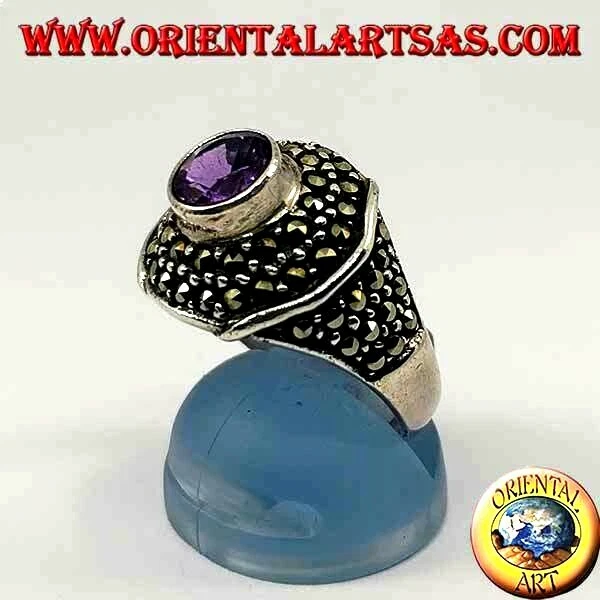 Anello in Argento 925‰ ottagonale con ametista tonda tempestato di marcasite - Immagine 1 di 1