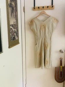 Vintage 40s Metal Zipper Irish Linen Handmade Party Embroidered Lace Dress Xs - Picture 1 of 10