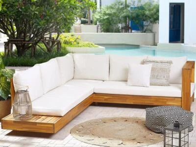 Designer Massivholz Lounge L Akazie Gartenmöbel Sofa braun weiss Terrasse Balkon - Bild 1 von 4