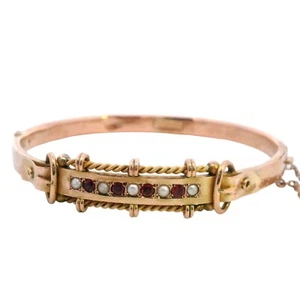 Antique 9ct Yellow Gold Ruby and Seed Pearl Hinged Bangle in Original Box - Picture 1 of 12