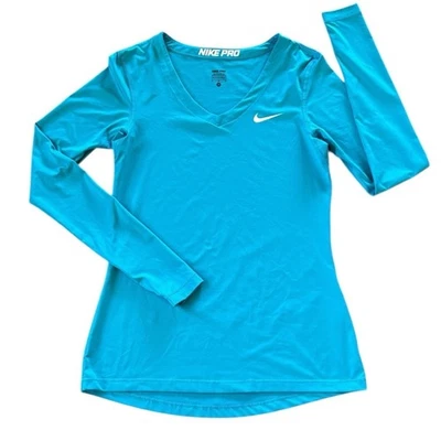 Nike Dri-Fit Blue Long Sleeve V Neck Running Shirt Size M with Thumbholes - Image 1 of 4